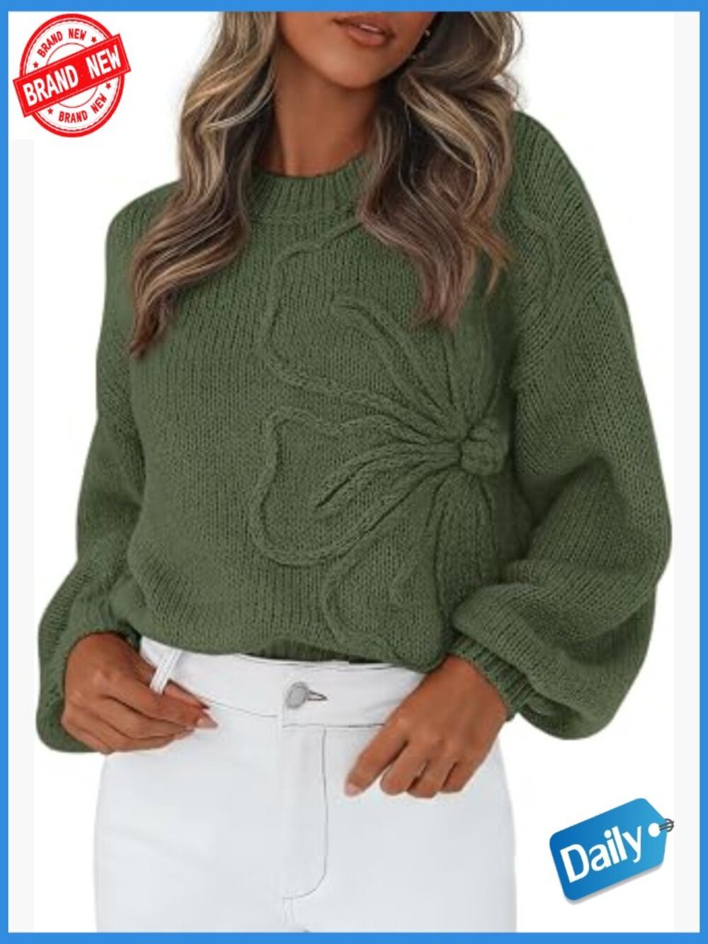 Womens Floral Knit Pullover Sweater Long Lantern Sleeve Crewneck Chunky